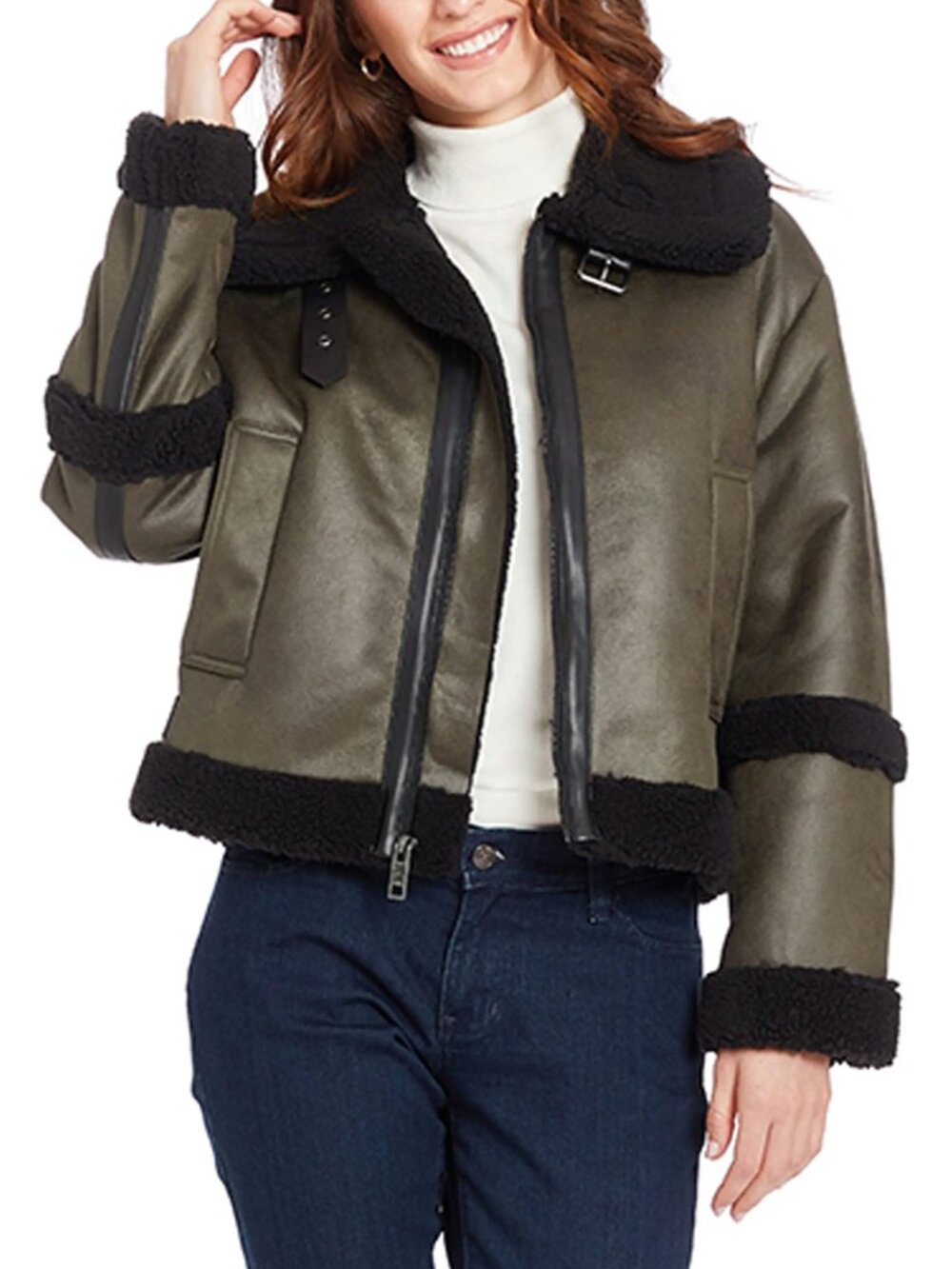 NEW Frye Women Water Resistant Faux Leather Shearling Aviator Jacket Coat XL